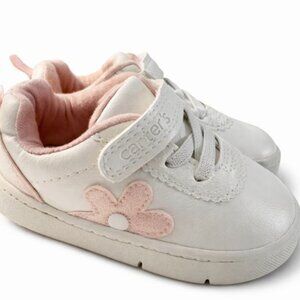 Carter’s Baby Girl Sneakers Size 3 Months White Pink Flower Prewalker Shoe-AC261